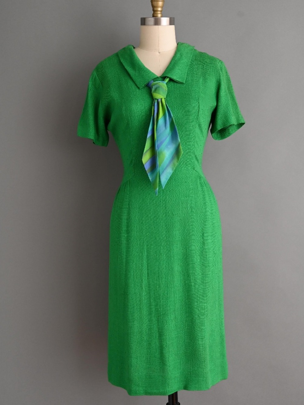 Vintage Green Midi Dress with Striped Neck Tie
